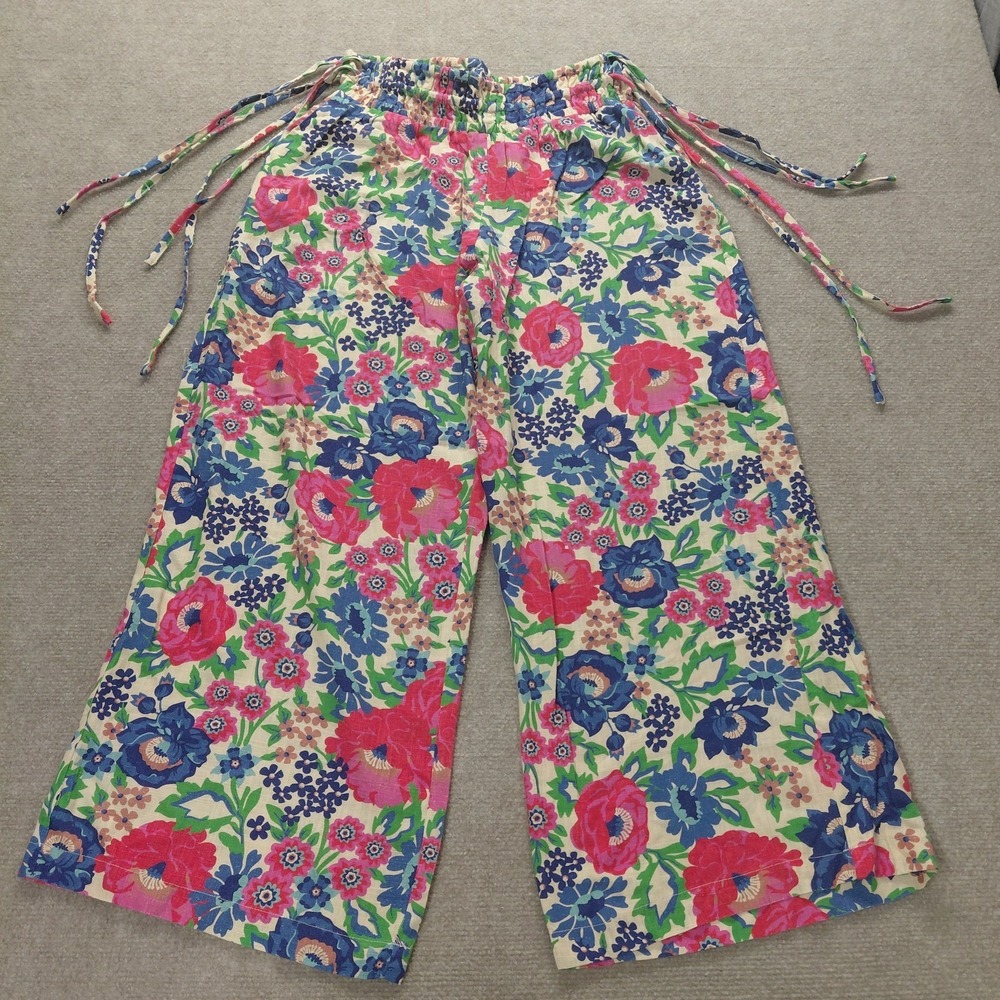 Lolocci Linen Blend Floral Pants Women SMALL Straight Lightweight‎ Resort NEW